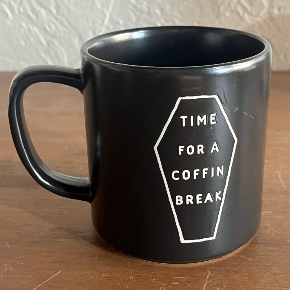 ⚰️🦇”Time for a Coffin Break” Black and White Ceramic Halloween Pun Coffee Mug⚰️🦇 - Picture 2 of 6